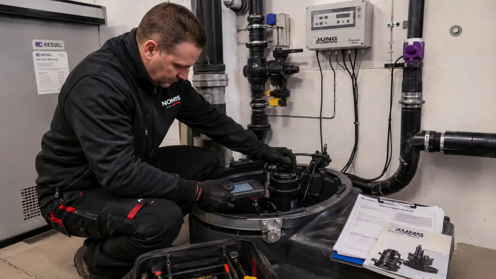 Wartung und Reparatur einer Abwasser-Hebeanlage von KESSEL und Jung Pumpen