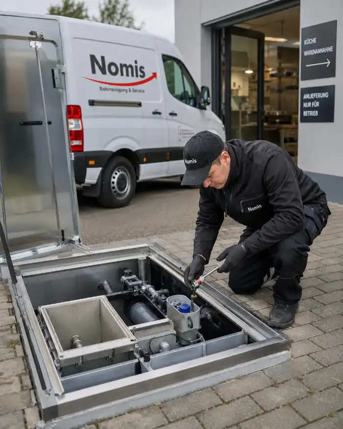 Servicetechniker bei der technischen Wartung einer Fettabscheideranlage