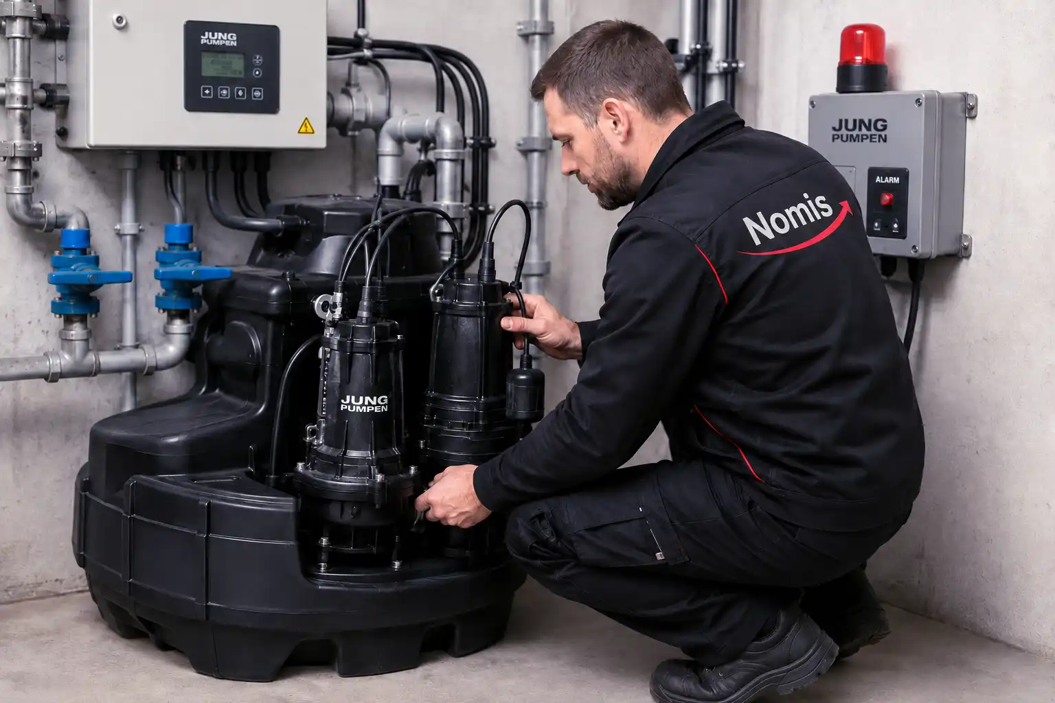 NOMIS-Techniker beim Service an einer Pentair Jung Pumpenanlage