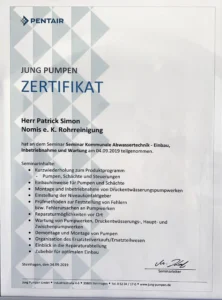 Pentair Jung Pumpen Servicepartner-Urkunde für NOMIS