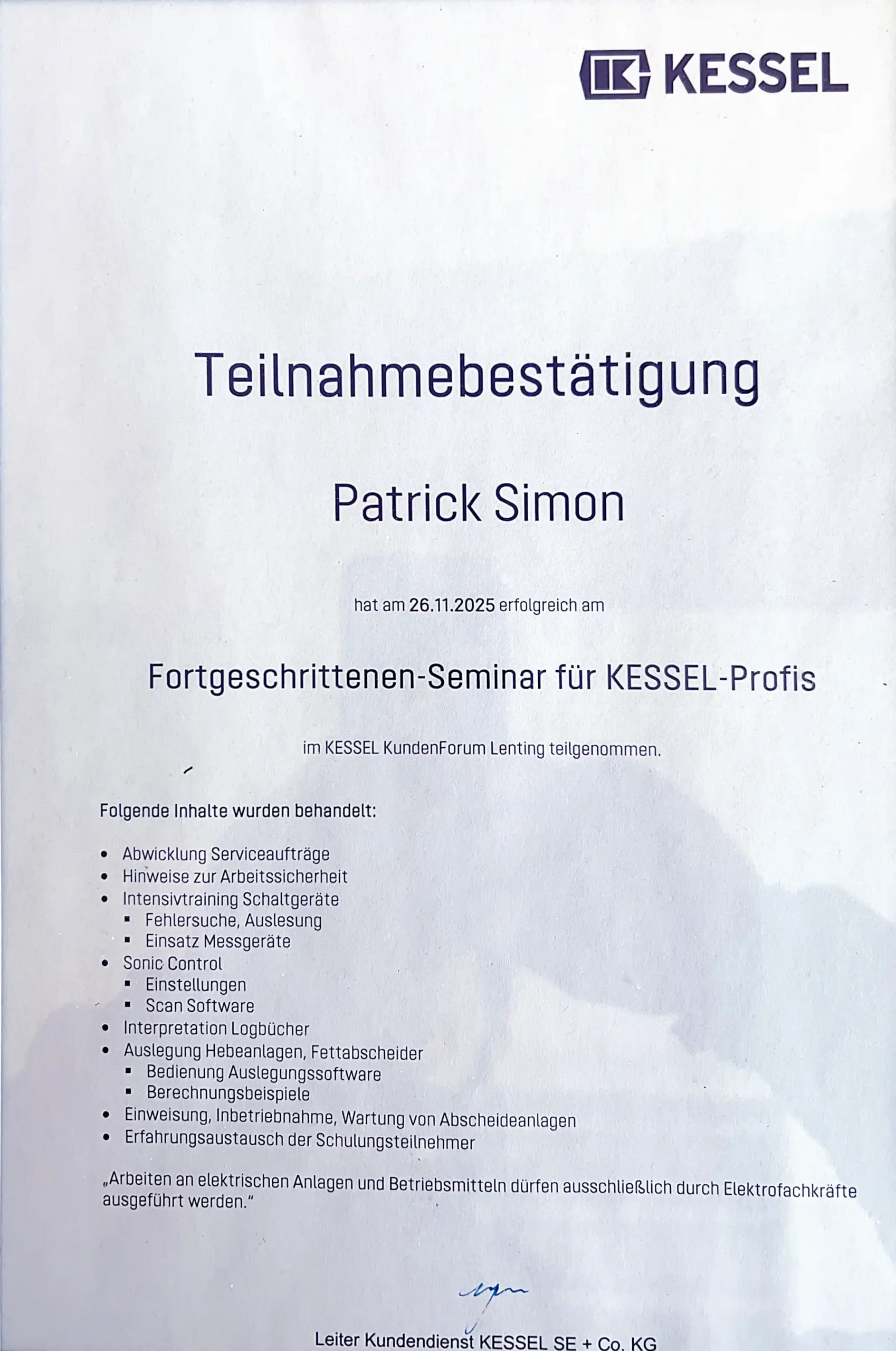 KESSEL Lehrgang für Wartung und Funktionsprüfung