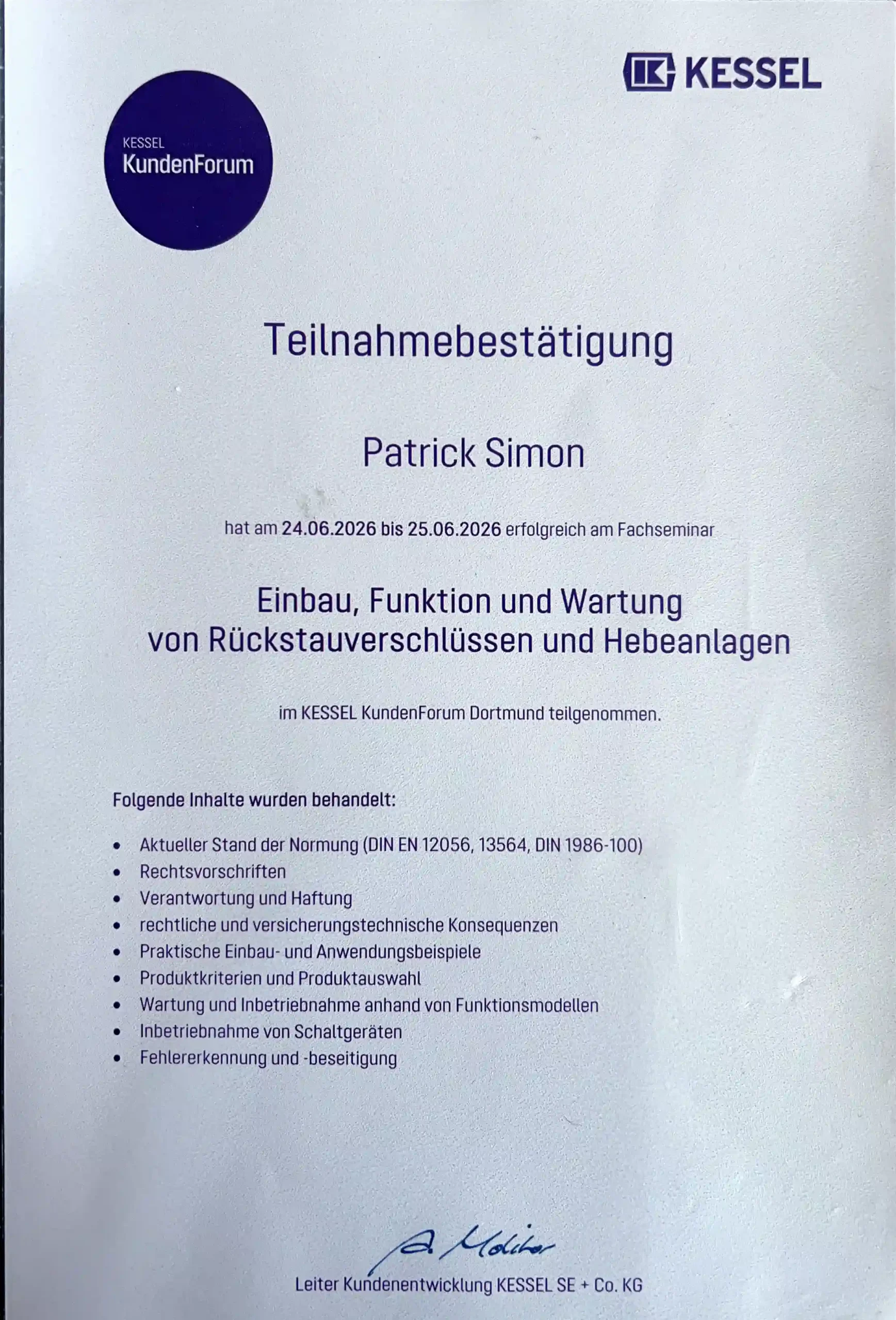 KESSEL Werksschulung Rückstauschutz und Hebeanlagen