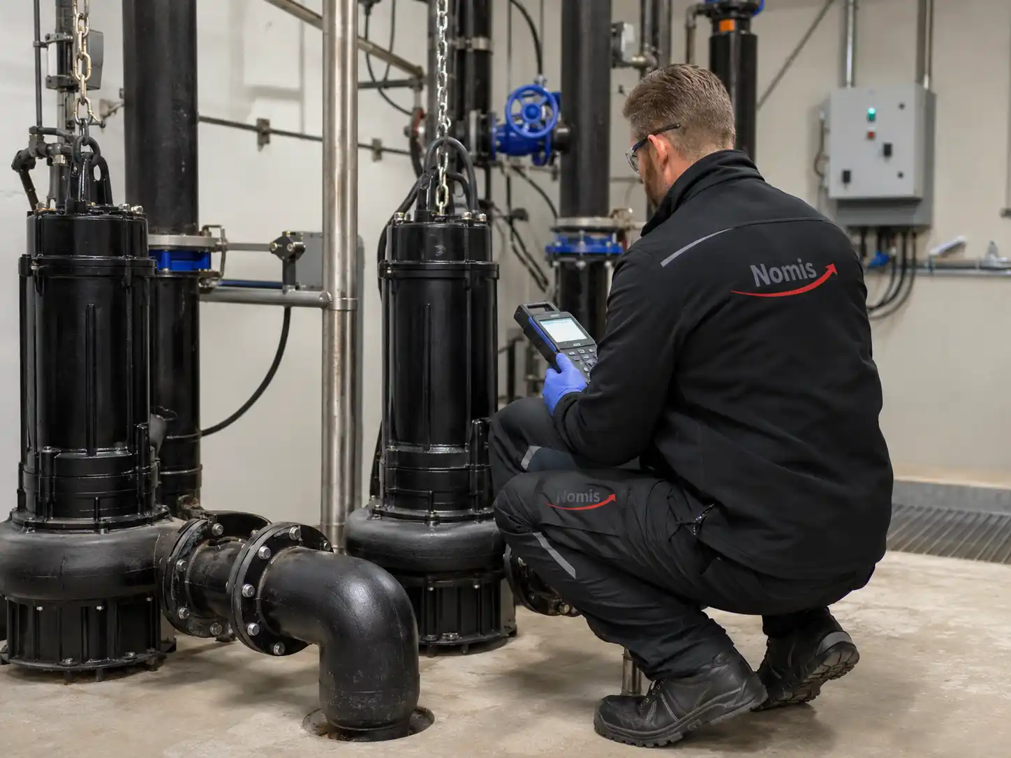 NOMIS-Techniker prüft Abwasserpumpen in einem Pumpenraum